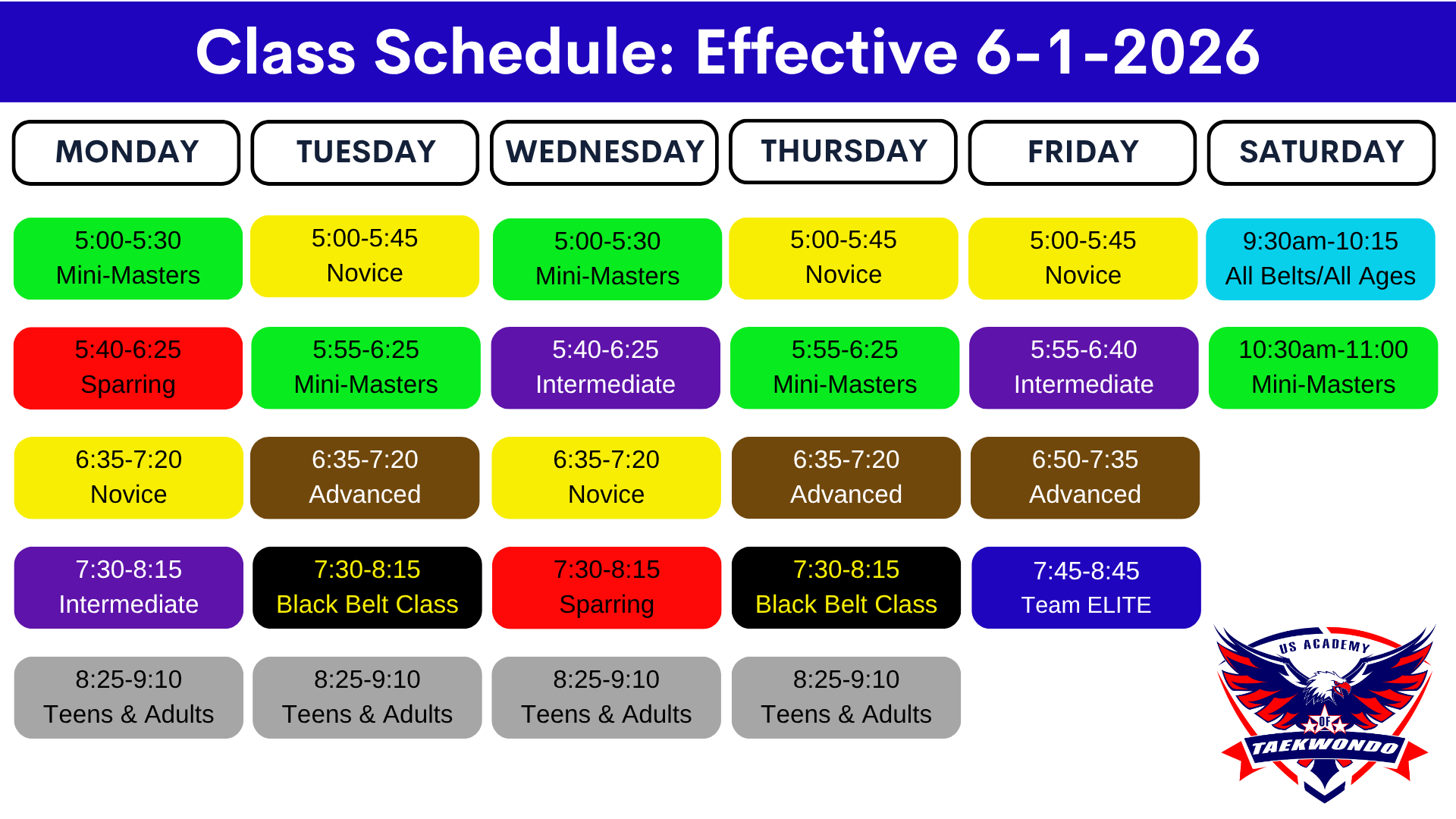 US Academy of Taekwondo class schedule effective June 1, 2026