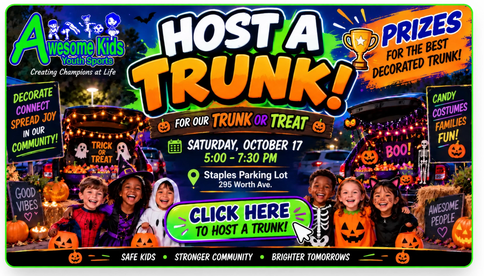 Host a trunk for Stafford's Best Trunk or Treat on Saturday, October 17 from 5 to 7:30 PM at 295 Worth Avenue