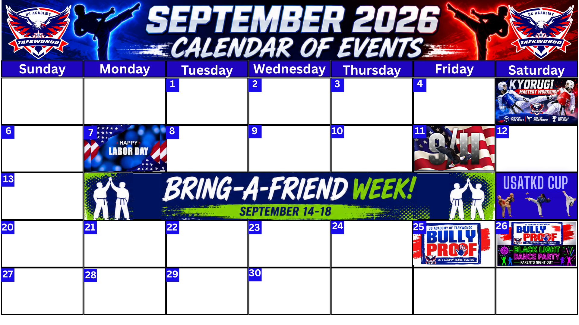 US Academy of Taekwondo September 2026 calendar of events